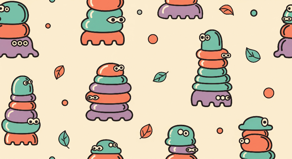 Kids-Mundo flat artwork of stacked googly-eyed caterpillar creatures in teal, coral and purple