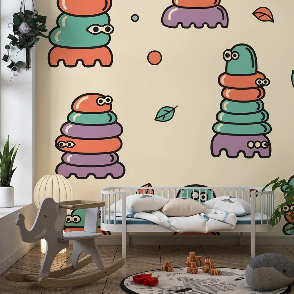 Kids-Mundo stacked rainbow caterpillar mural brightening a cheerful children's playroom