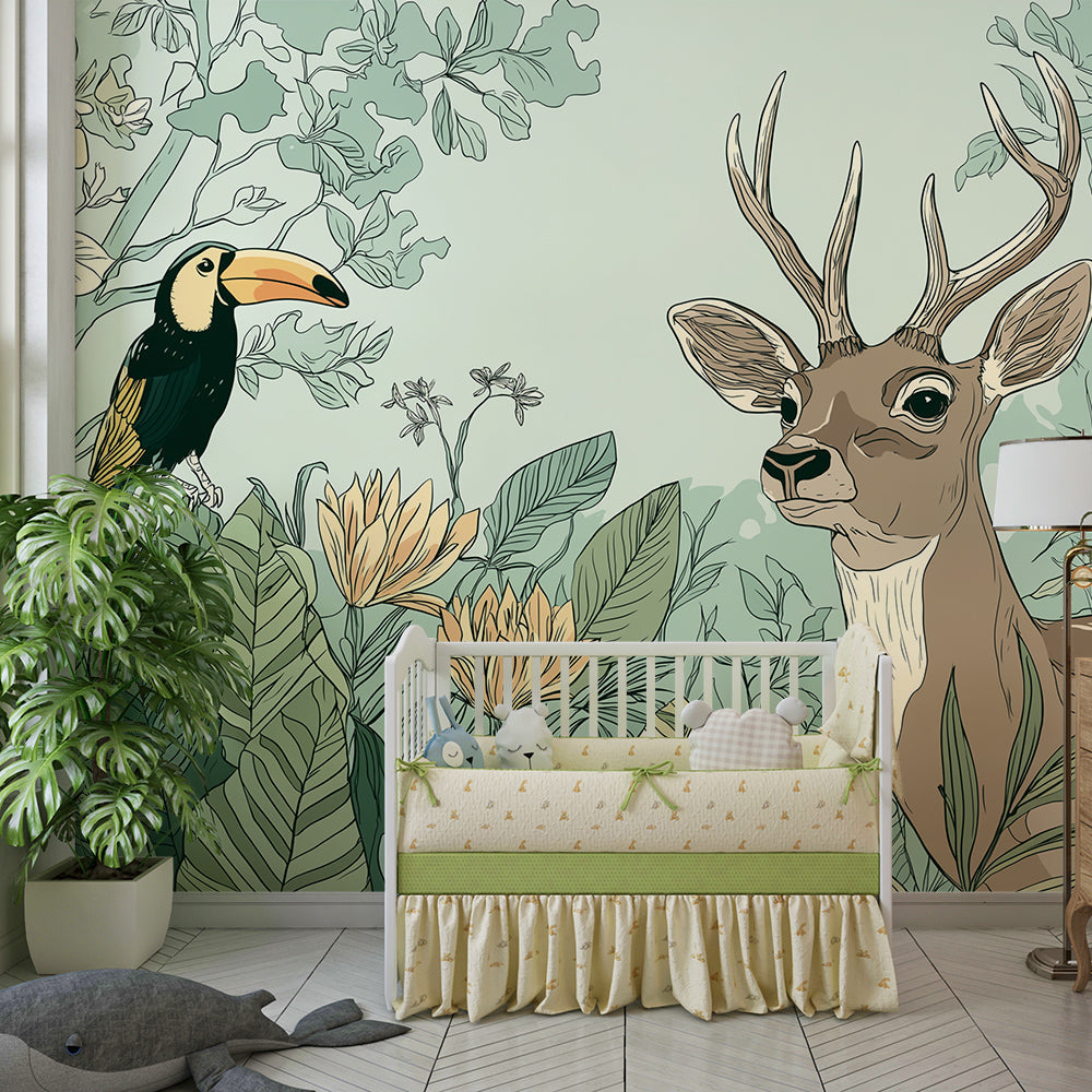 Kids-Mundo flowering jungle wall mural with a stag and toucan in a kids bedroom