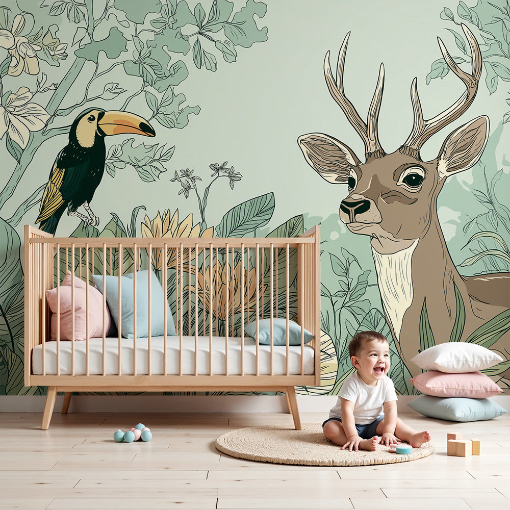 Kids-Mundo stag and toucan jungle wall mural styled in a sage green nursery