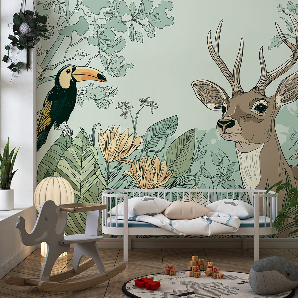 Kids-Mundo stag and toucan wall mural with cream flowers in a children's playroom