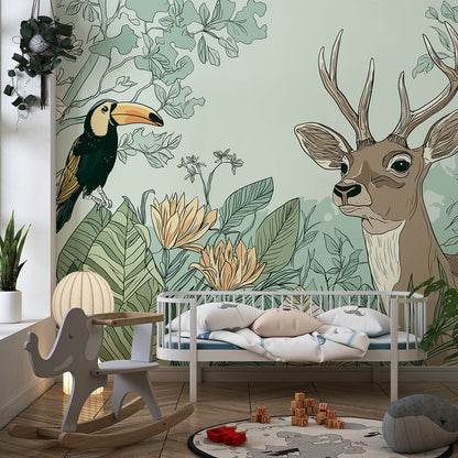 Kids-Mundo stag and toucan wall mural with cream flowers in a children's playroom