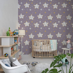 Lilac star mural wallpaper creating peaceful bedtime environment in toddler room