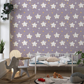 Celestial star wallpaper with cheerful expressions decorating children's bedroom wall