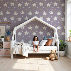 Smiling star mural wallpaper on lilac background creating dreamy nursery atmosphere by Kids-Mundo