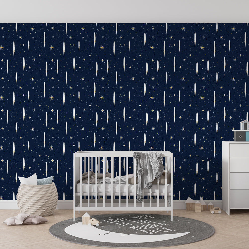Navy blue star wallpaper transforming kids bedroom into dreamy night sky sanctuary
