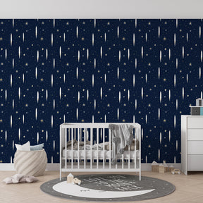 Navy blue star wallpaper transforming kids bedroom into dreamy night sky sanctuary