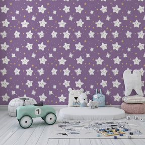 Purple star pattern wallpaper creating dreamy atmosphere in children's bedroom decor