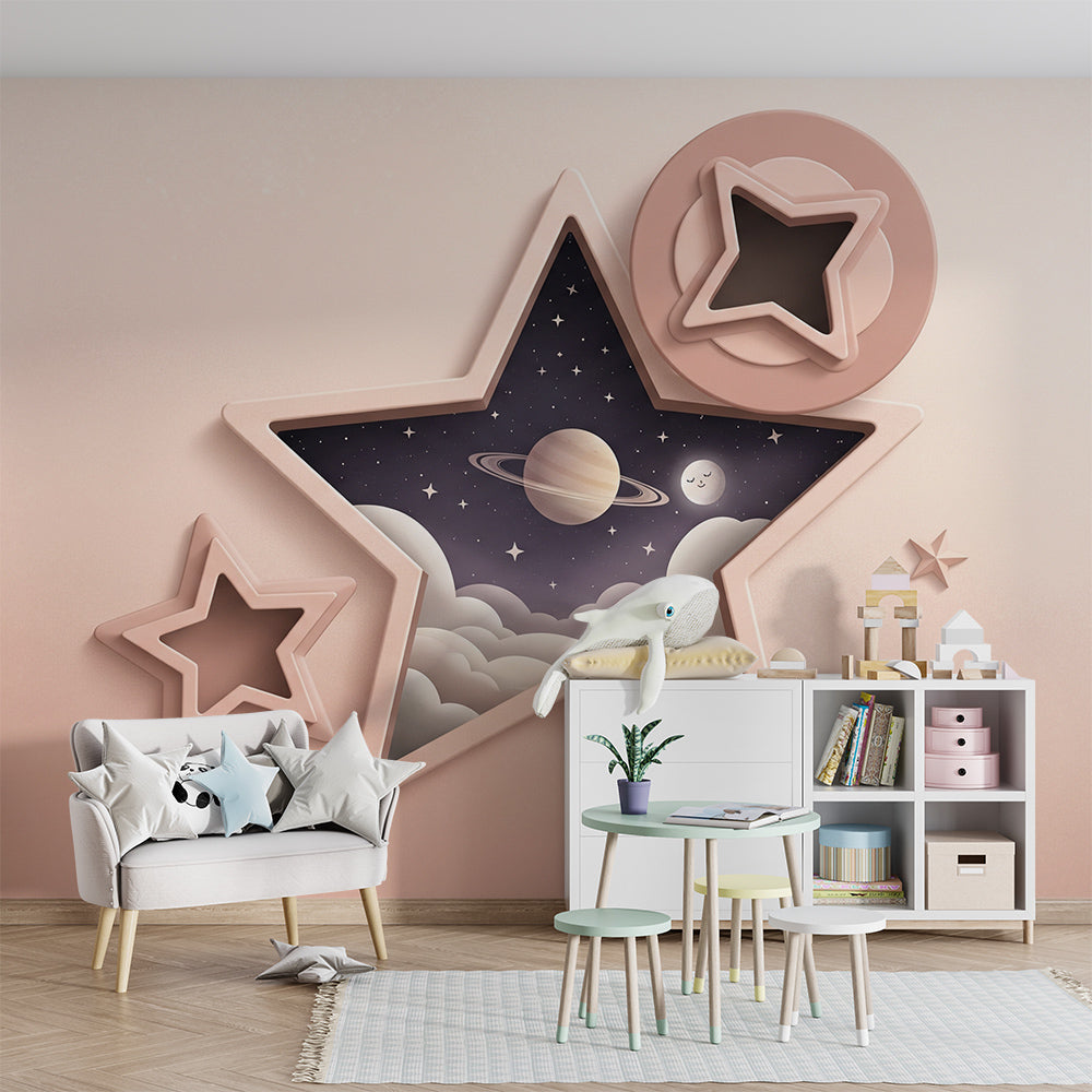 Kids-Mundo star-shaped night-sky mural behind a bed in a child's pink bedroom.