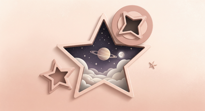 Kids-Mundo flat artwork of a star-shaped frame with Saturn, a sleepy moon and soft clouds.