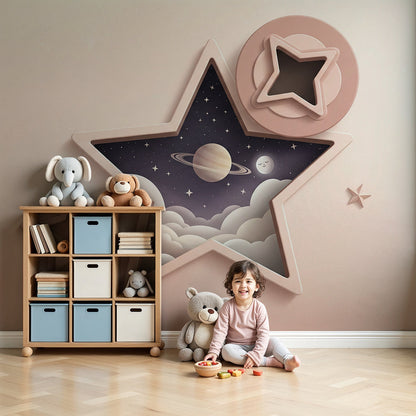 Kids-Mundo star-shaped Saturn wall mural above a cot in a soft pink nursery.