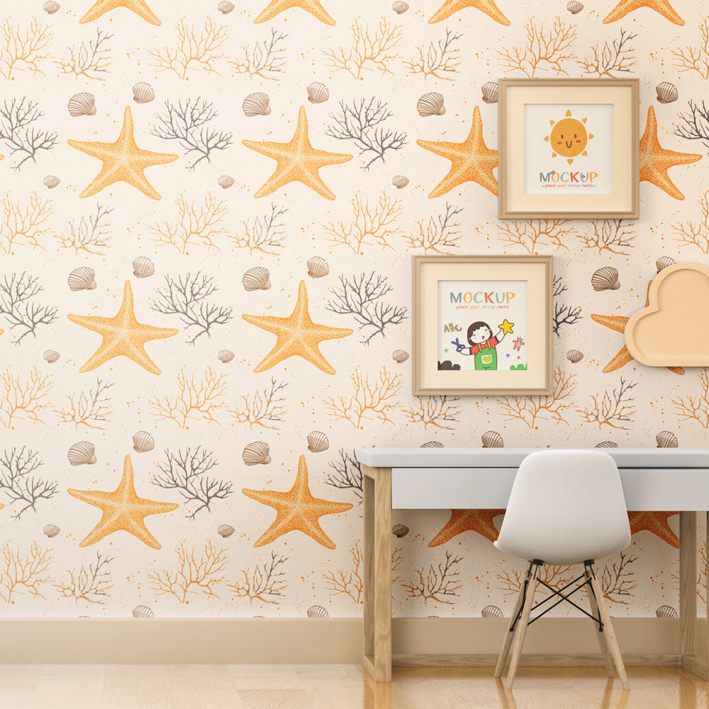 Ocean themed starfish mural wallpaper for kids room with soft watercolor coral design by Kids-Mundo
