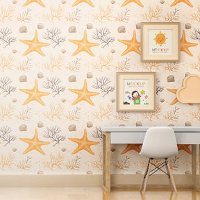 Ocean themed starfish mural wallpaper for kids room with soft watercolor coral design by Kids-Mundo