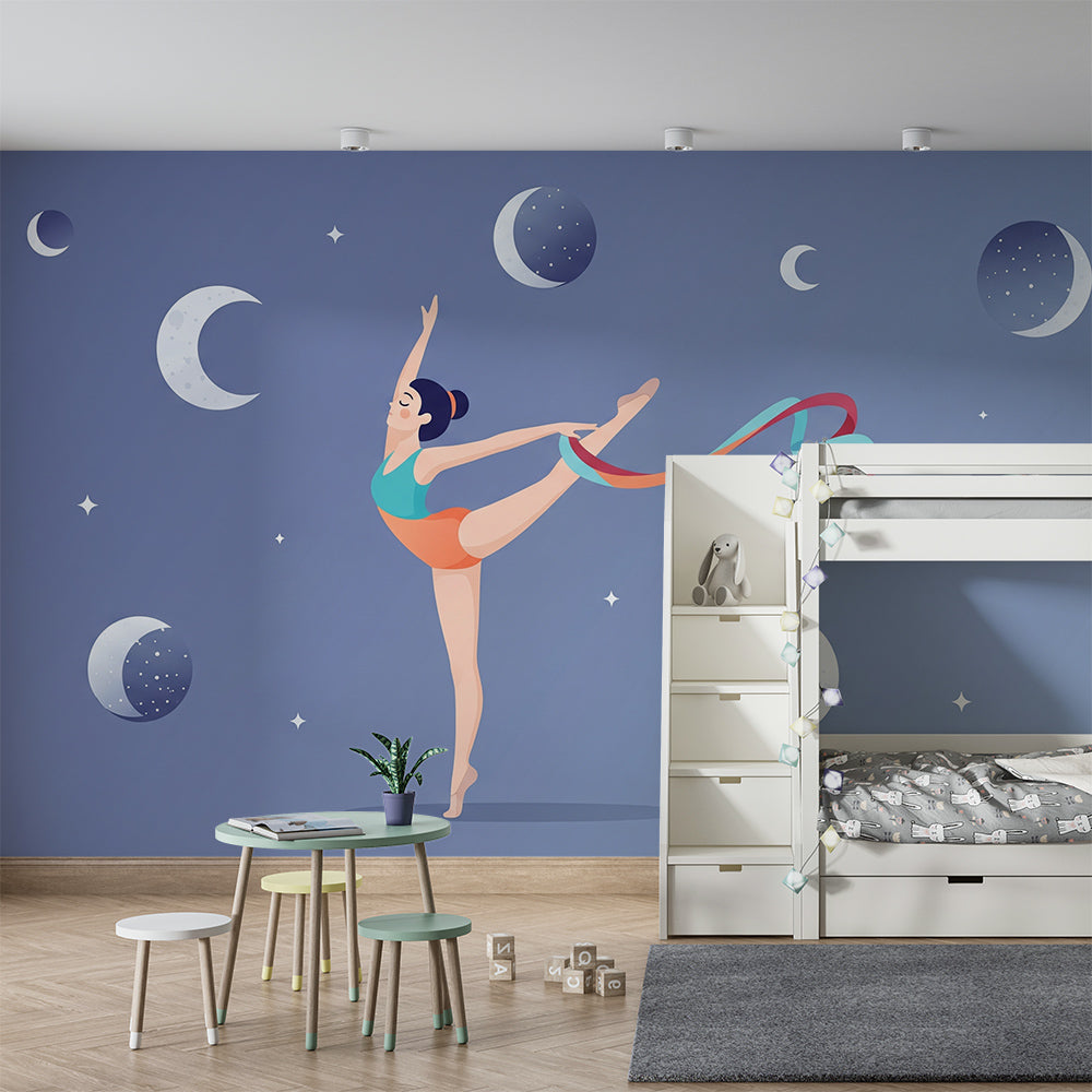 Kids-Mundo ballerina wallpaper mural styled behind a girls bedroom bed