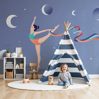 Kids-Mundo starlight ribbon dancer mural on a kids bedroom wall with moons