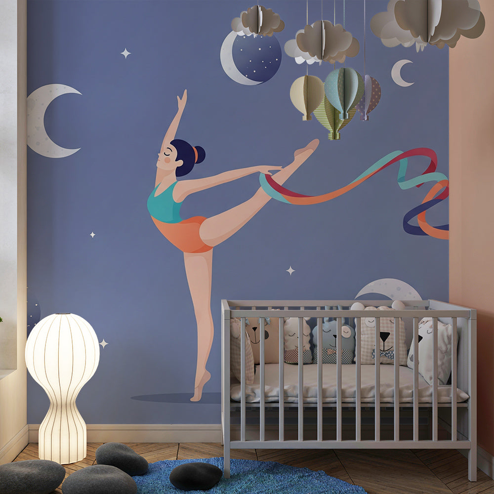 Kids-Mundo starlight ribbon dancer wall mural covering a playroom feature wall