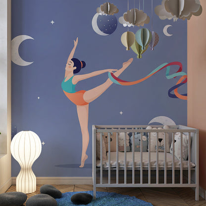 Kids-Mundo starlight ribbon dancer wall mural covering a playroom feature wall