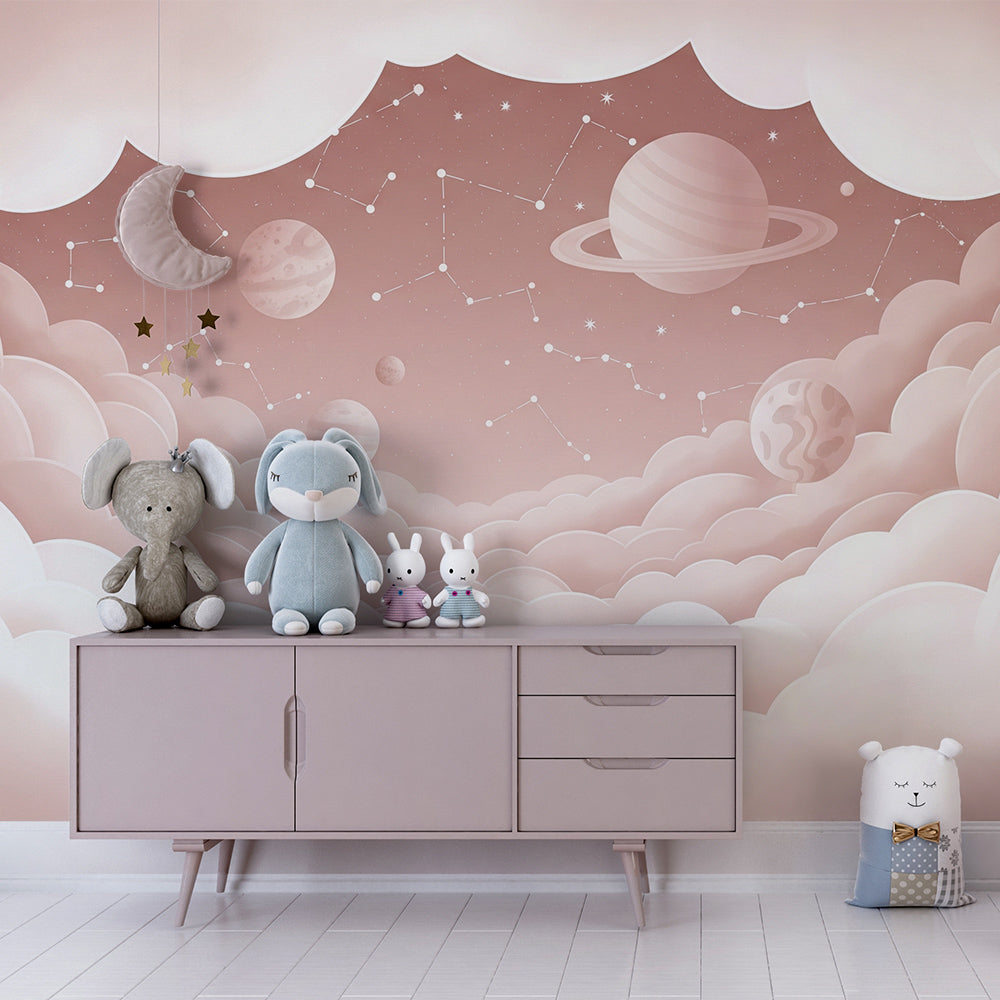 Kids-Mundo constellation and planet mural as a cosy feature wall in a kids bedroom
