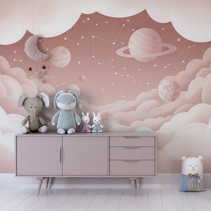Kids-Mundo constellation and planet mural as a cosy feature wall in a kids bedroom