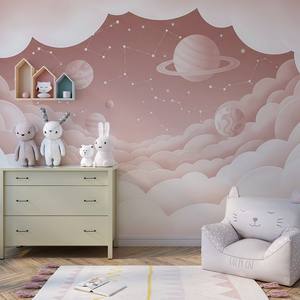 Kids-Mundo starry cloud tunnel wall mural adding depth to a playroom wall