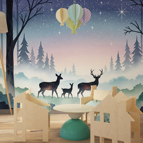 Blue purple forest wallpaper with deer silhouettes for dreamy kids room decor