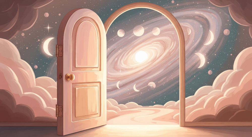 Kids-Mundo flat artwork of an open door revealing a swirling starry galaxy and moons
