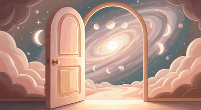 Kids-Mundo flat artwork of an open door revealing a swirling starry galaxy and moons