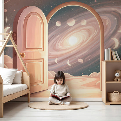 Kids-Mundo starry galaxy door wall mural styled in a warm nursery bedroom setting