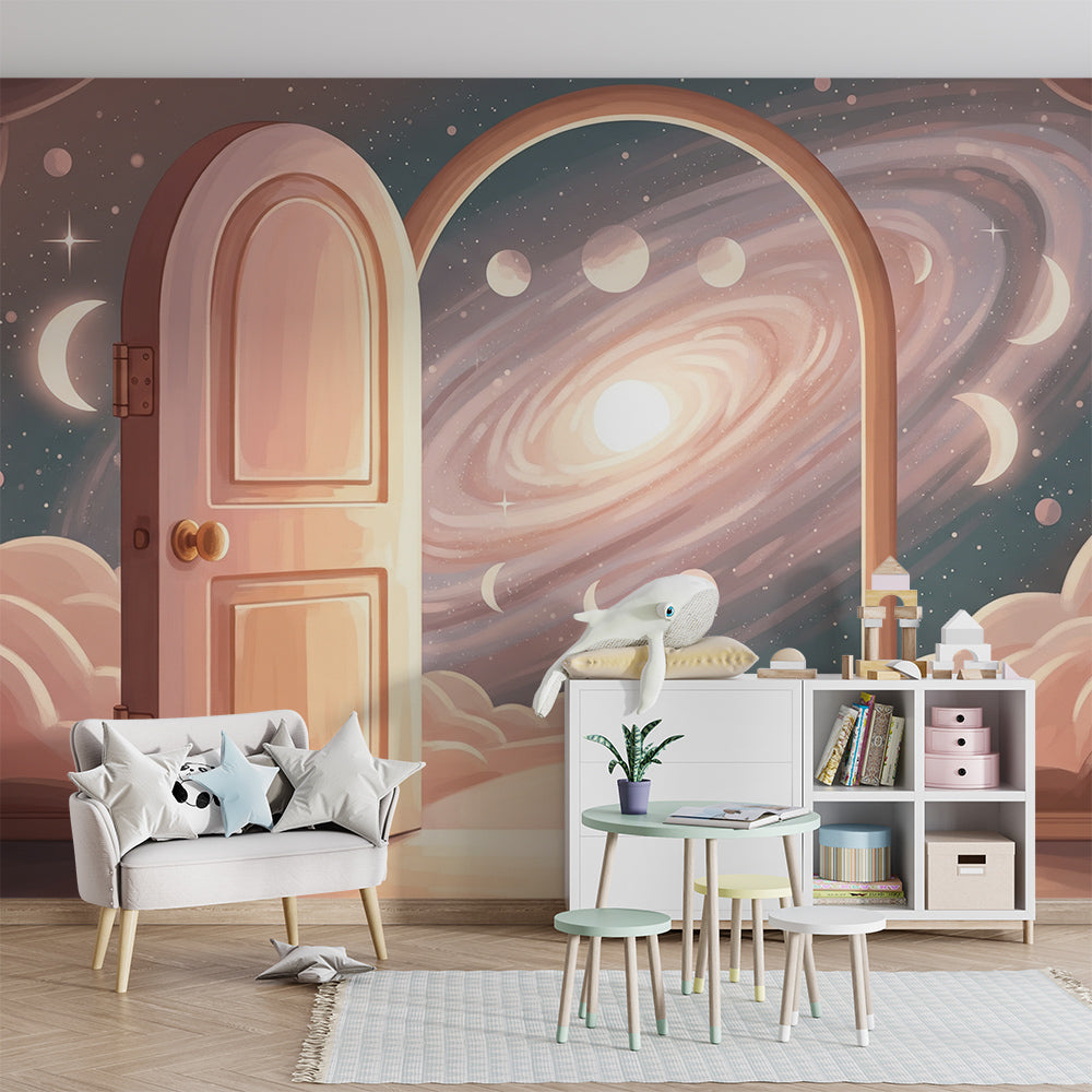 Kids-Mundo starry galaxy door wallpaper design shown in a bright playroom space
