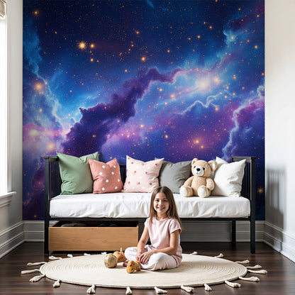 Kids-Mundo starry galaxy wall mural glowing softly above a cot in a calm nursery.