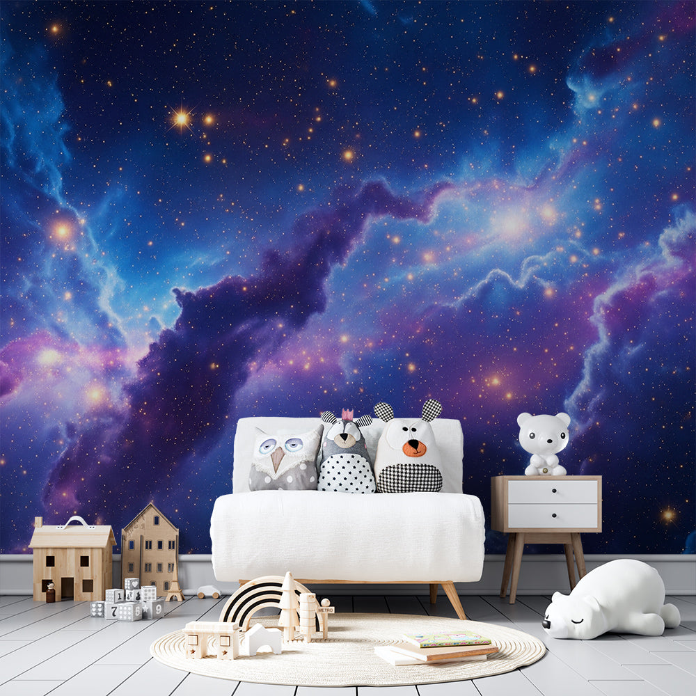 Kids-Mundo cosmic galaxy wall mural adding a starlit backdrop to a bright playroom.