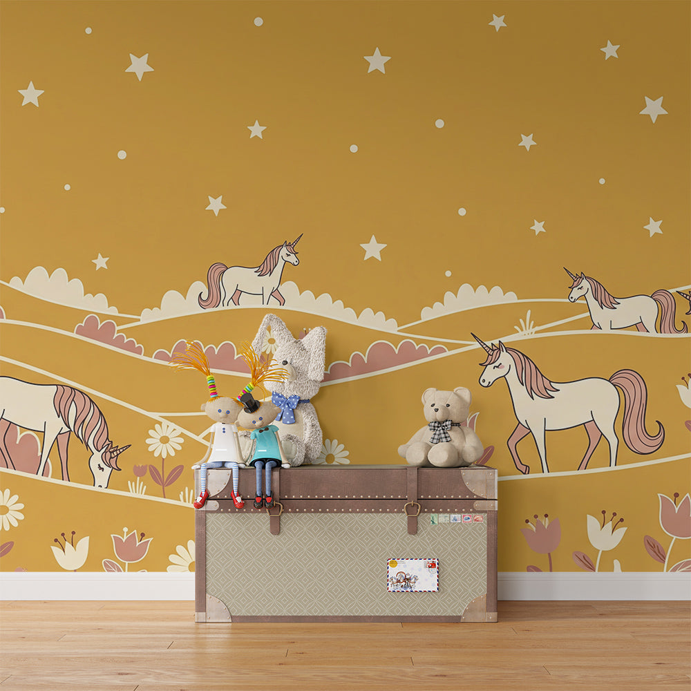 Kids-Mundo grazing unicorn wall mural covering a feature wall in a calm kids bedroom