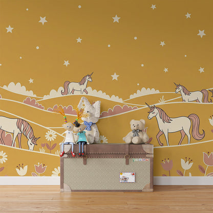 Kids-Mundo grazing unicorn wall mural covering a feature wall in a calm kids bedroom