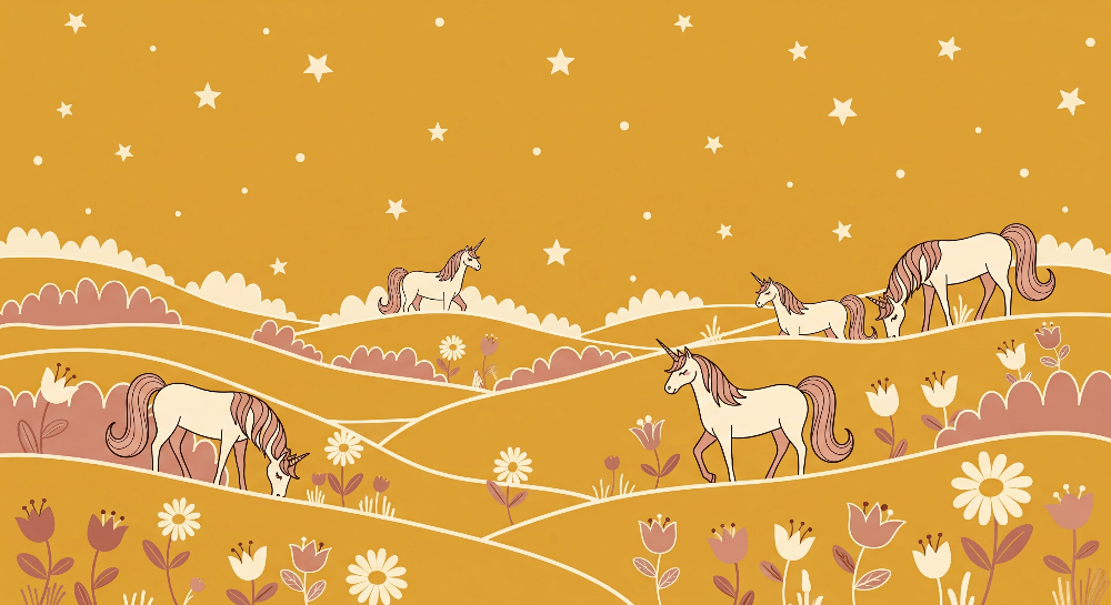 Unicorns Grazing Under Starry Hills Wall Mural