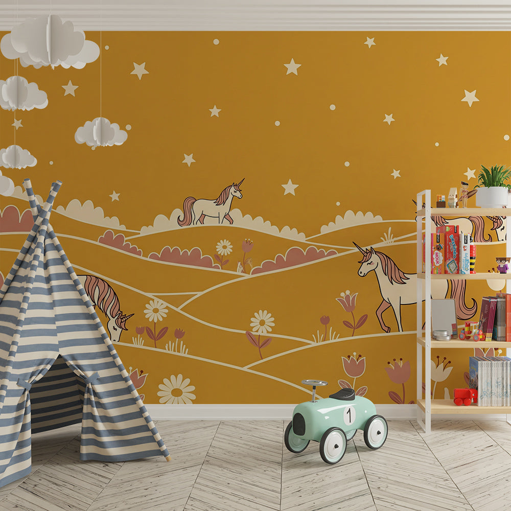 Kids-Mundo starry unicorn hills wall mural bringing a restful mood to a children's playroom