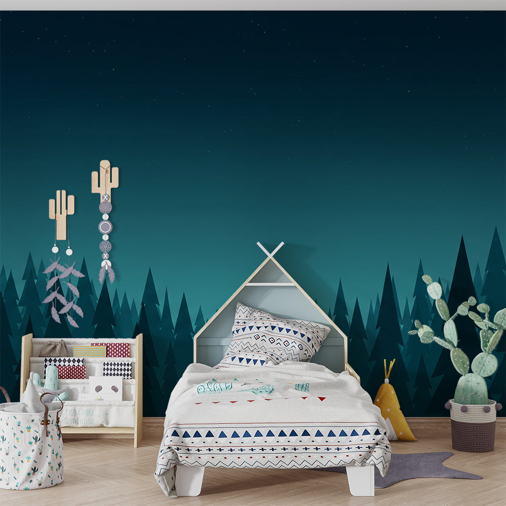 Kids-Mundo starry night forest wall mural covering a wall in a playful children's playroom