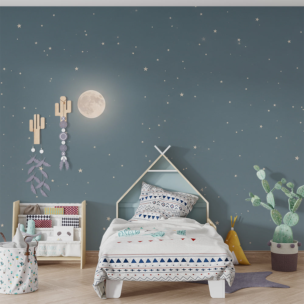 Kids-Mundo full moon wall mural covering a toddler bedroom feature wall with scattered stars
