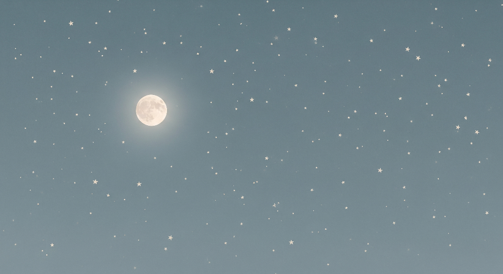 Flat artwork preview of the Kids-Mundo starry night full moon wall mural on a soft blue-grey sky