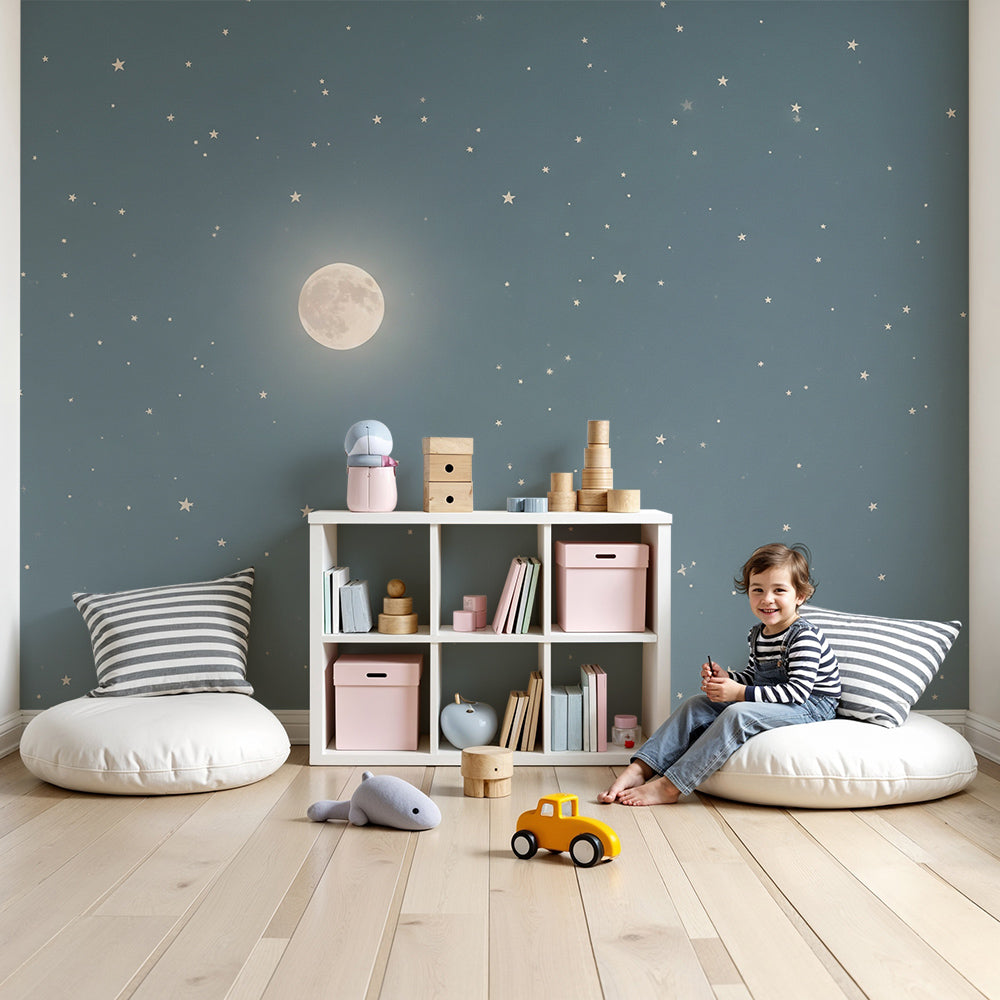 Kids-Mundo starry night full moon wall mural made to measure in a calm blue-grey nursery room
