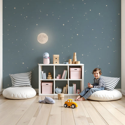 Kids-Mundo starry night full moon wall mural made to measure in a calm blue-grey nursery room
