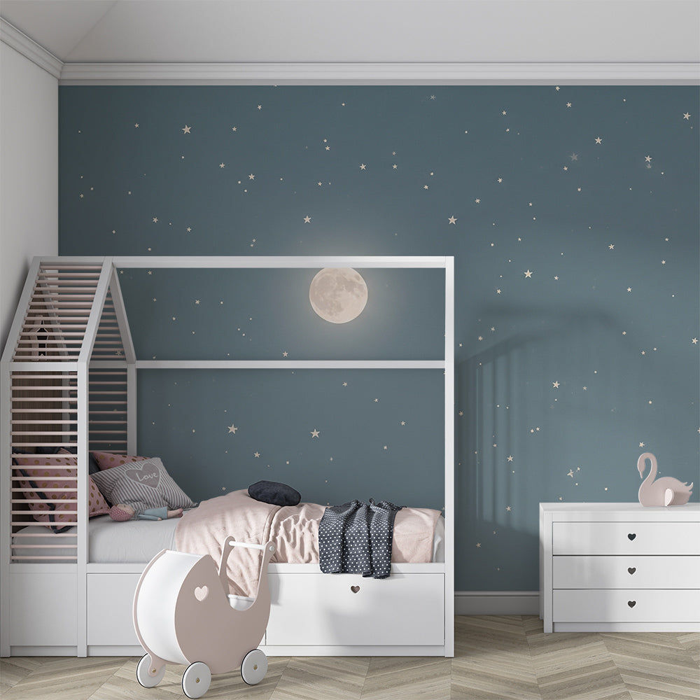 Kids-Mundo starry night mural fitted in a playroom with a soft glowing moon and muted blue tones