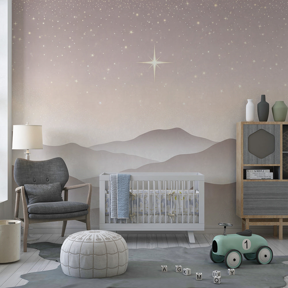 Kids-Mundo starry night mountain mural styled on a calm kids bedroom wall
