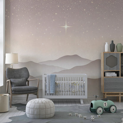 Kids-Mundo starry night mountain mural styled on a calm kids bedroom wall