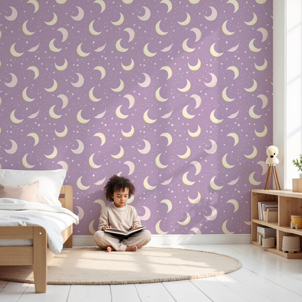 Starry night mural wallpaper with moons and stars in modern nursery by Kids-Mundo