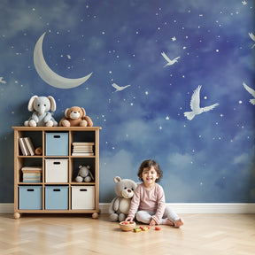 Starry night mural wallpaper with flying doves creating dreamy nursery atmosphere by Kids-Mundo