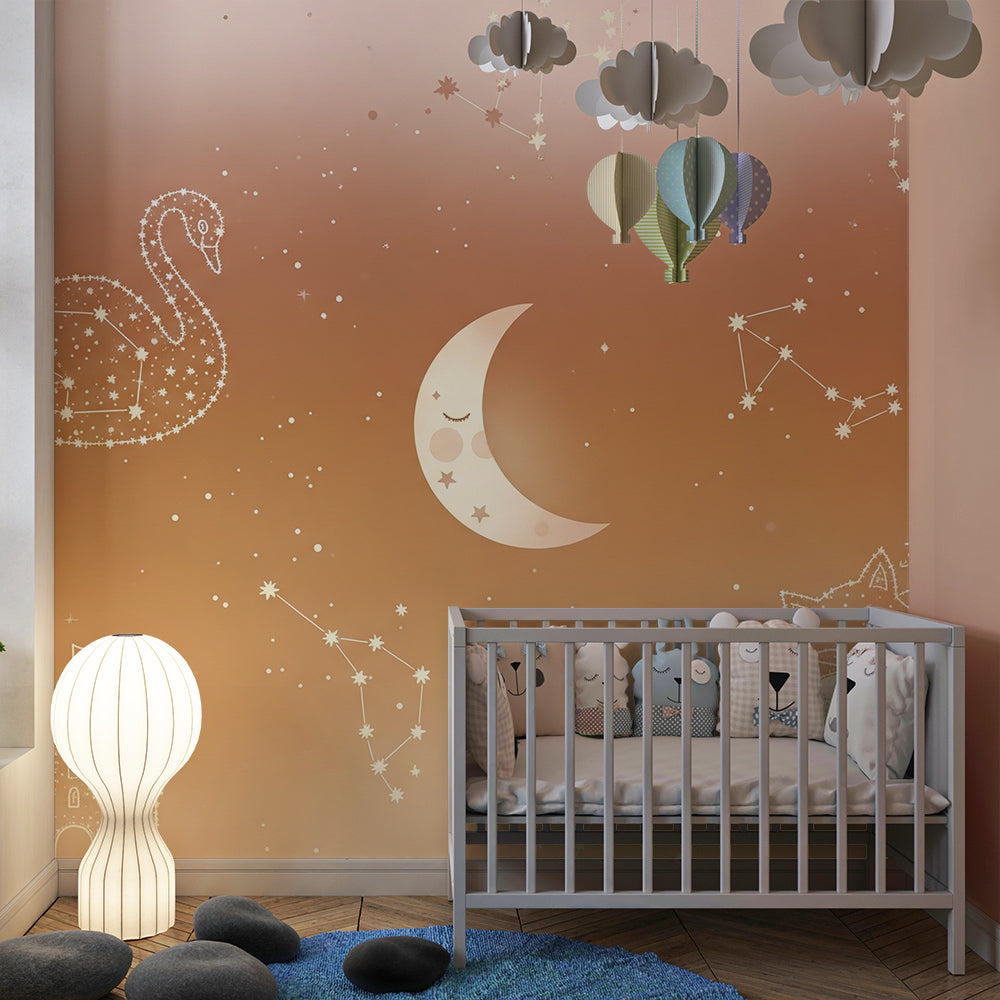 Kids-Mundo sleepy fox and swan constellation mural styled on a feature wall in a kids bedroom