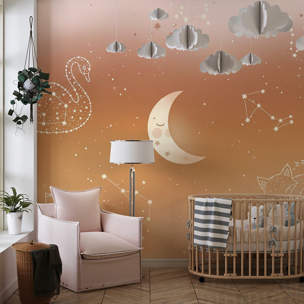 Kids-Mundo constellation night sky mural with moon and castle brightening a child's playroom wall