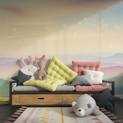 Kids-Mundo starry mountain mural in purple and teal tones on a feature wall in a kids' bedroom