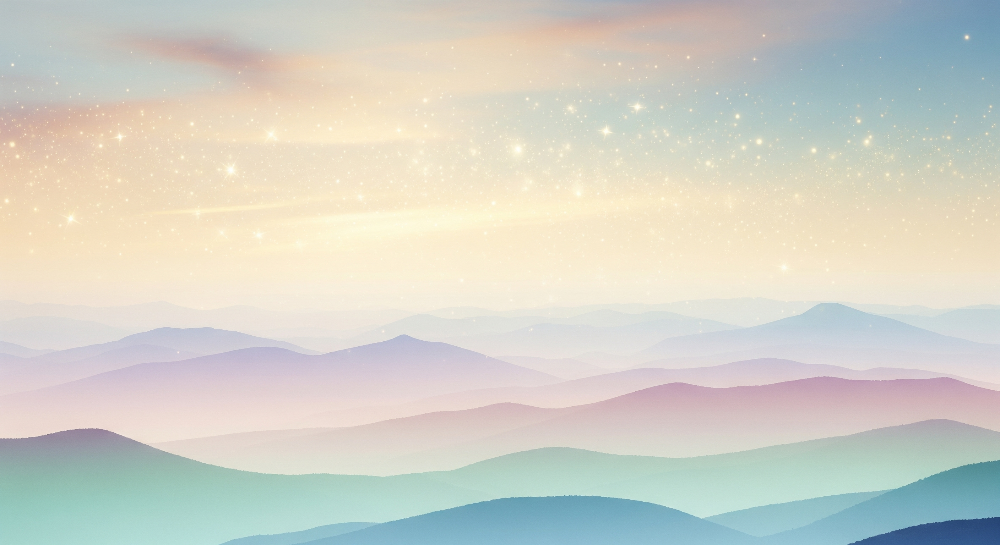 Kids-Mundo flat artwork of misty pastel mountains under a sky scattered with soft glowing stars