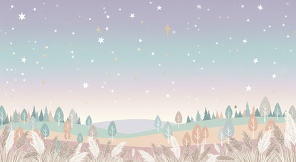 Kids-Mundo flat artwork of the pastel starry sky and forest wall mural design
